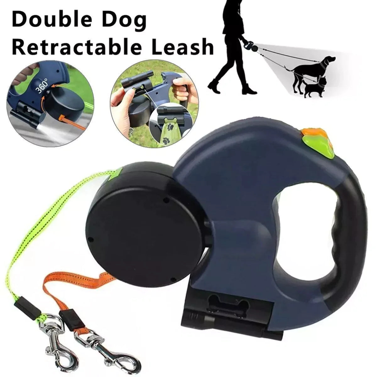 Twin Dog Reflective Retractable Leash