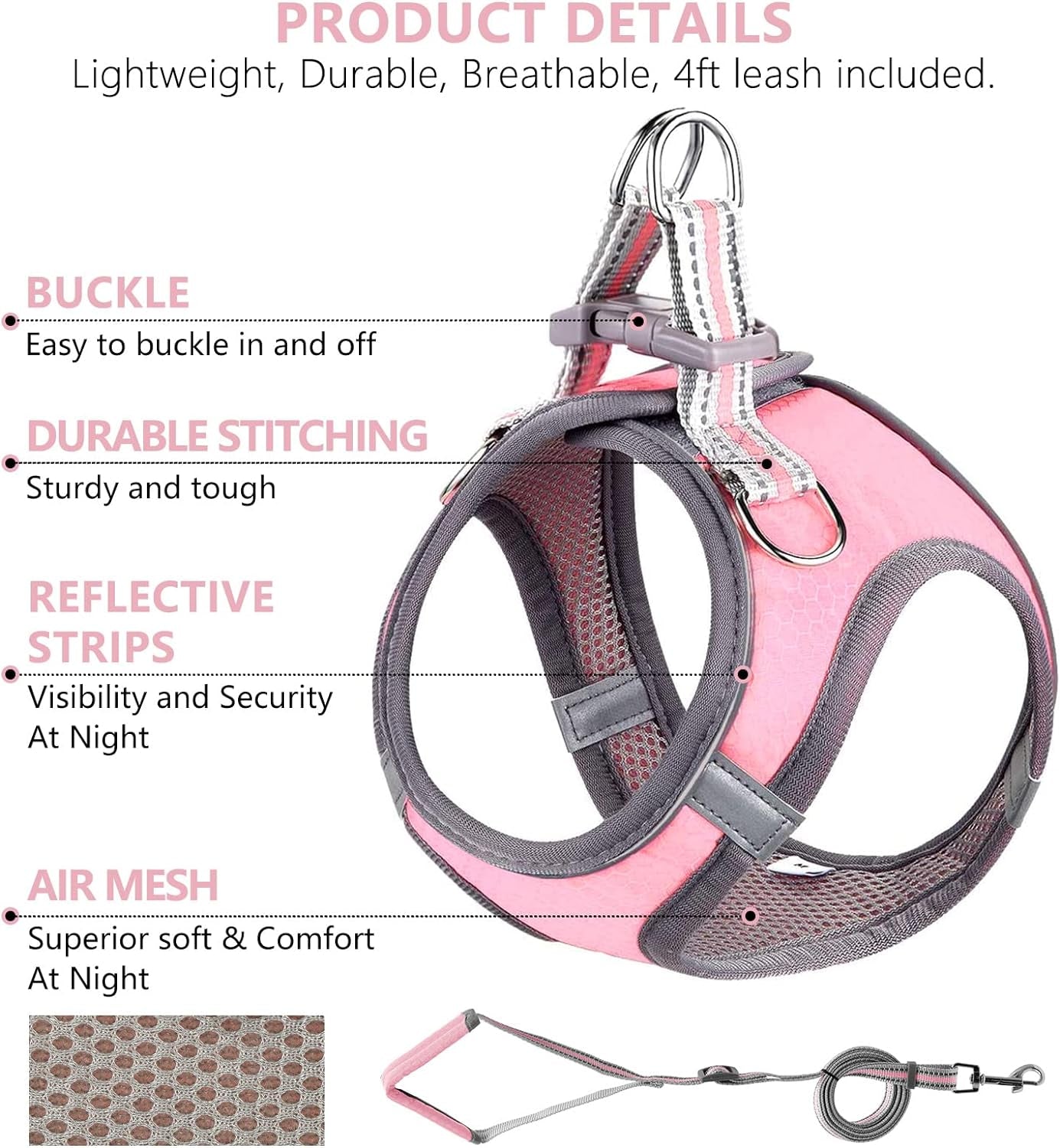Dog Harness, Dog Harness and Leash Set, Pet Vest Harness, Puppy Cat Vest Harness Escape Proof, Chihuahua Harness, XXS Puppy Harness, Dog Vest Harnesses for Small Dogs Cats (A-1-PINK XS)
